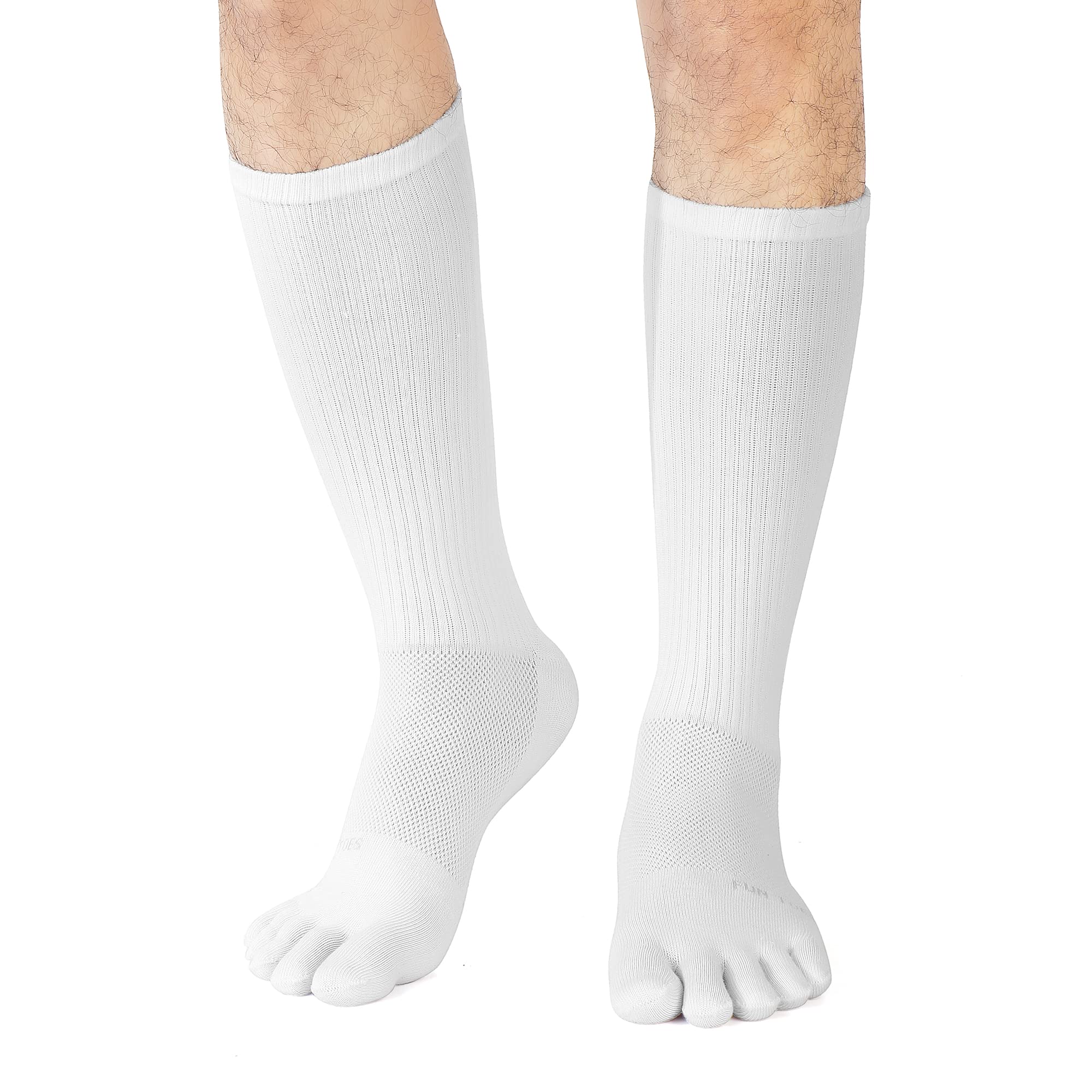 FUN TOES Men Crew Toe Socks Athletic Running Socks - Arch Support - Proper Toe Alignment - Breathable Mesh Top - Soft and Stretchy Value 6 Pairs Pack size 6-12 (White)