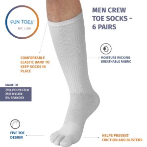 FUN TOES Men Crew Toe Socks Athletic Running Socks - Arch Support - Proper Toe Alignment - Breathable Mesh Top - Soft and Stretchy Value 6 Pairs Pack size 6-12 (White)