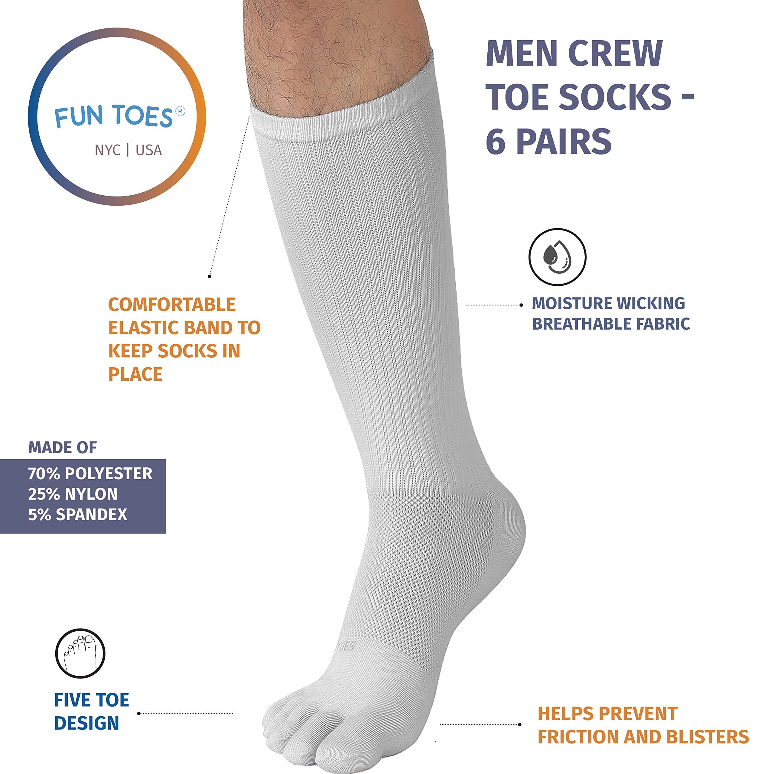 FUN TOES Men Crew Toe Socks Athletic Running Socks - Arch Support - Proper Toe Alignment - Breathable Mesh Top - Soft and Stretchy Value 6 Pairs Pack size 6-12 (White)