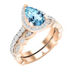 dazzlingrock collection 9x6 mm pear shaped blue topaz and 0.78 carat round white diamond halo alternating marquise and circle wedding ring set in 10k rose gold, size 5.5