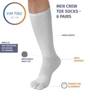 FUN TOES Men Crew Toe Socks Athletic Running Socks - Arch Support - Proper Toe Alignment - Breathable Mesh Top - Soft and Stretchy Value 6 Pairs Pack size 6-12 (White)