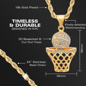 Steeltime Basketball Necklace for Boys - 24-Inch Basketball Chain for Boys with Hoop Pendant & Simulated Diamonds, 18K Plated Solid Stainless Steel, For Sensitive Skin, Includes Velvet Pouch - Gold