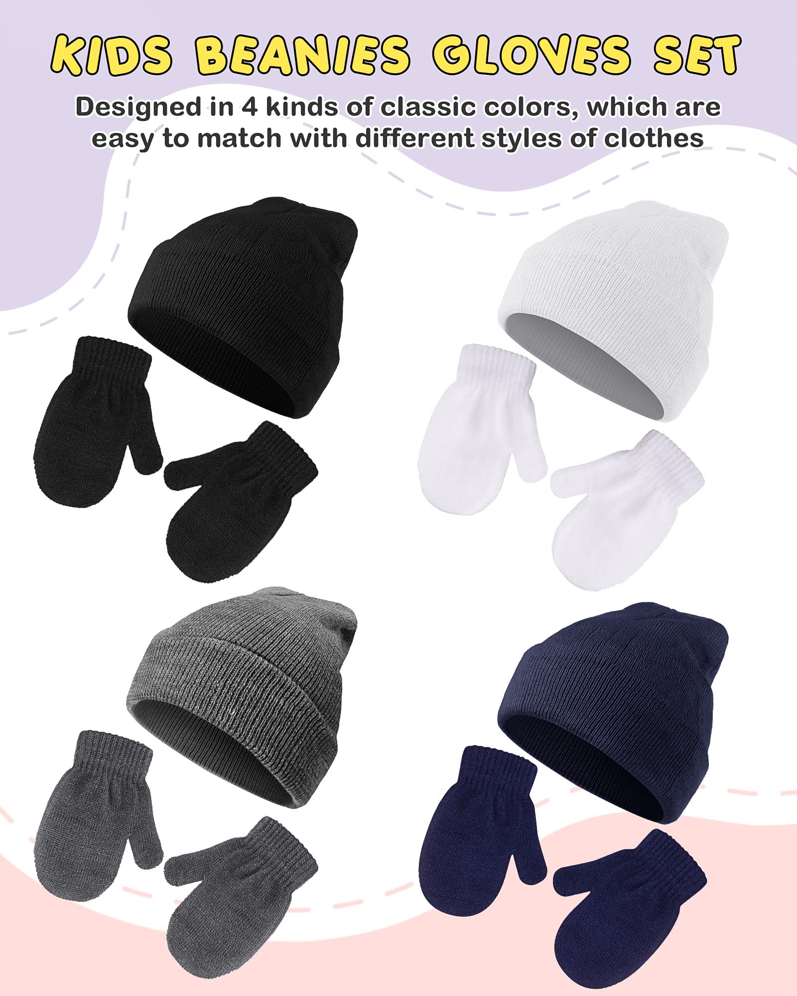 4 Sets Toddler Boys Hat and Glove Kids Winter Beanies with Gloves Warm Knitted Baby Beanie Hats Set Cuffed Skull Cap for Boys Girls