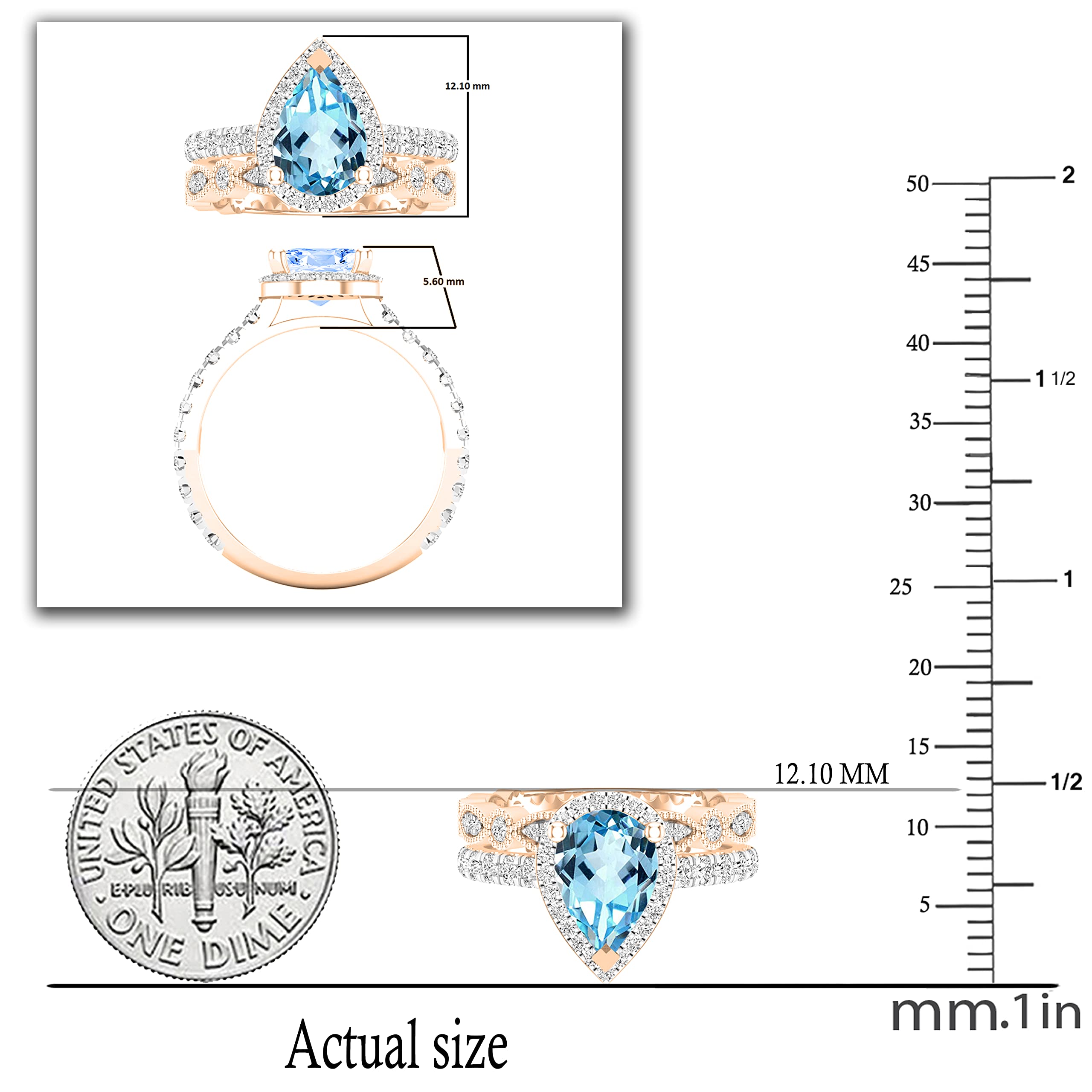 Dazzlingrock Collection 9X6 MM Pear Shaped Blue Topaz and 0.78 Carat Round White Diamond Halo Alternating Marquise and Circle Wedding Ring Set in 10K Rose Gold, Size 5.5