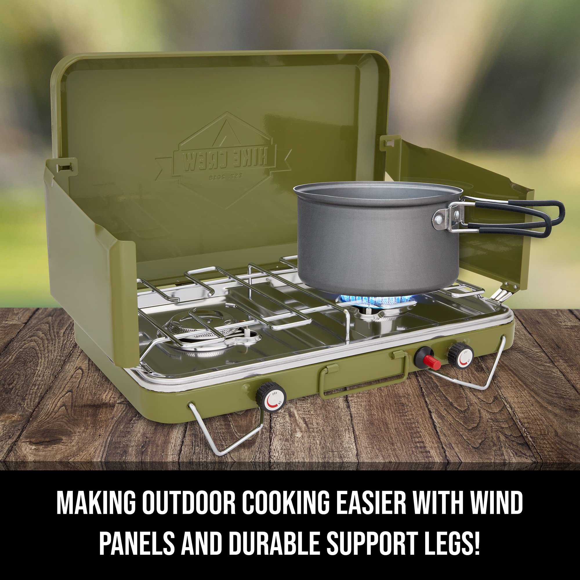 Hike Crew Gas Camping Stove | 20,000 BTU Portable Propane 2 Burner Stovetop | Integrated Igniter & Stainless Steel Drip Tray | Built-in Carrying Handle, Foldable Legs, Wind Panels | Includes Regulator