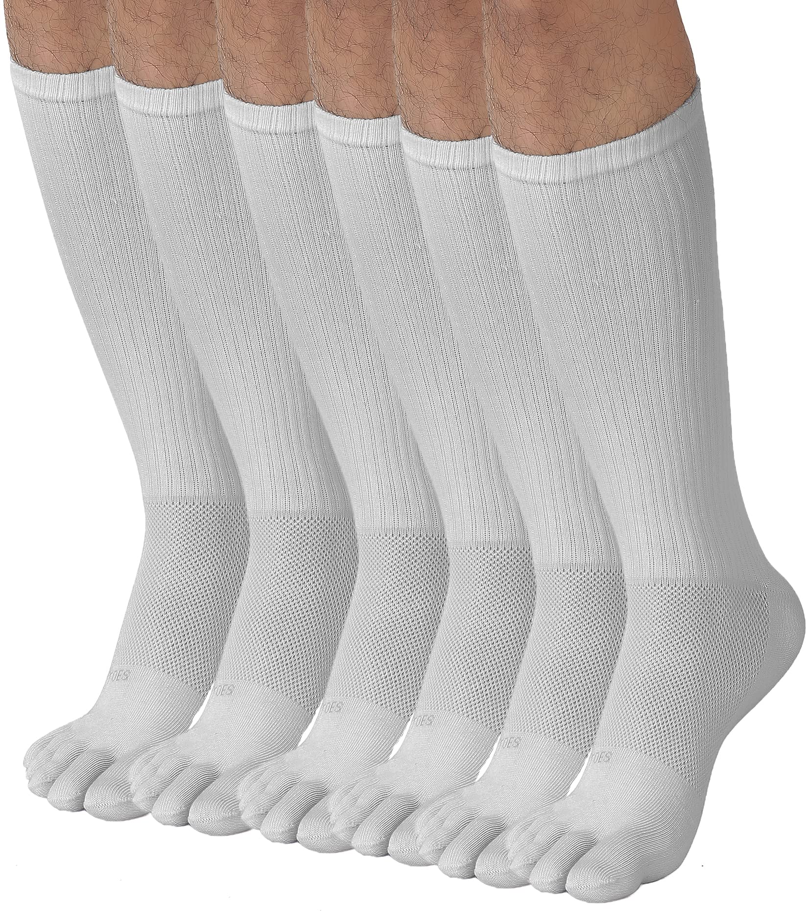 FUN TOES Men Crew Toe Socks Athletic Running Socks - Arch Support - Proper Toe Alignment - Breathable Mesh Top - Soft and Stretchy Value 6 Pairs Pack size 6-12 (White)