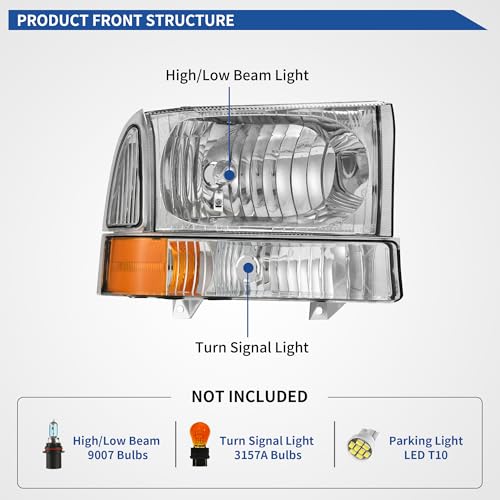 oEdRo Headlight Assembly Compatible with 1999-2004 Ford F250/F350/F450/F550 Super Duty/2000-2004 Ford Excursion, Headlamp with Amber Reflector Clear Lens