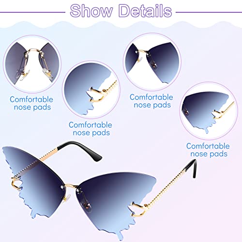 Weewooday 2 Pairs Butterfly Sunglasses Butterfly Rimless Sunglasses Butterfly Glasses Eyewear Butterfly Sunglasses for Women Men (Purple and Pink, Gray and Blue)