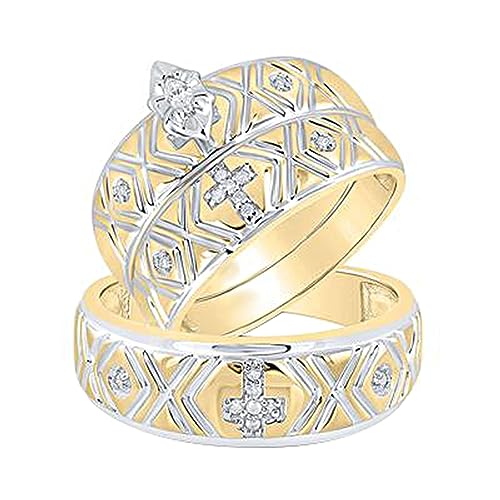 Dazzlingrock Collection 0.14 Carat Marquise & Round White Diamond Intricate Cross Design Trio Ring Set in 14K Yellow Gold, Women size 10 and Mens size 10