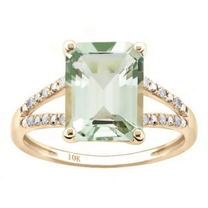 10k yellow gold genuine emerald-shape green amethyst and split-shank diamond ring