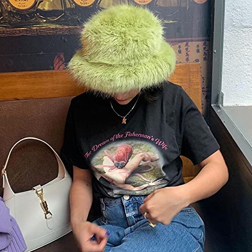 Ynocfri Women Winter Faux Fur Bucket Hat Solid Color Fluffy Warm Fisherman Cap Streetwear (Green)