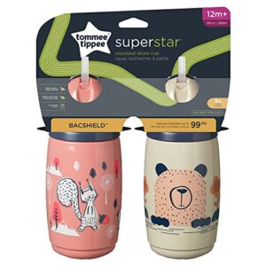 Tommee Tippee Superstar Straw Insulated Sippy Cup for Toddlers, INTELLIVALVE Leak-Proof & Shake-Proof (9 Oz, 12+ Months, 2 Count), Pink and Warm Gray