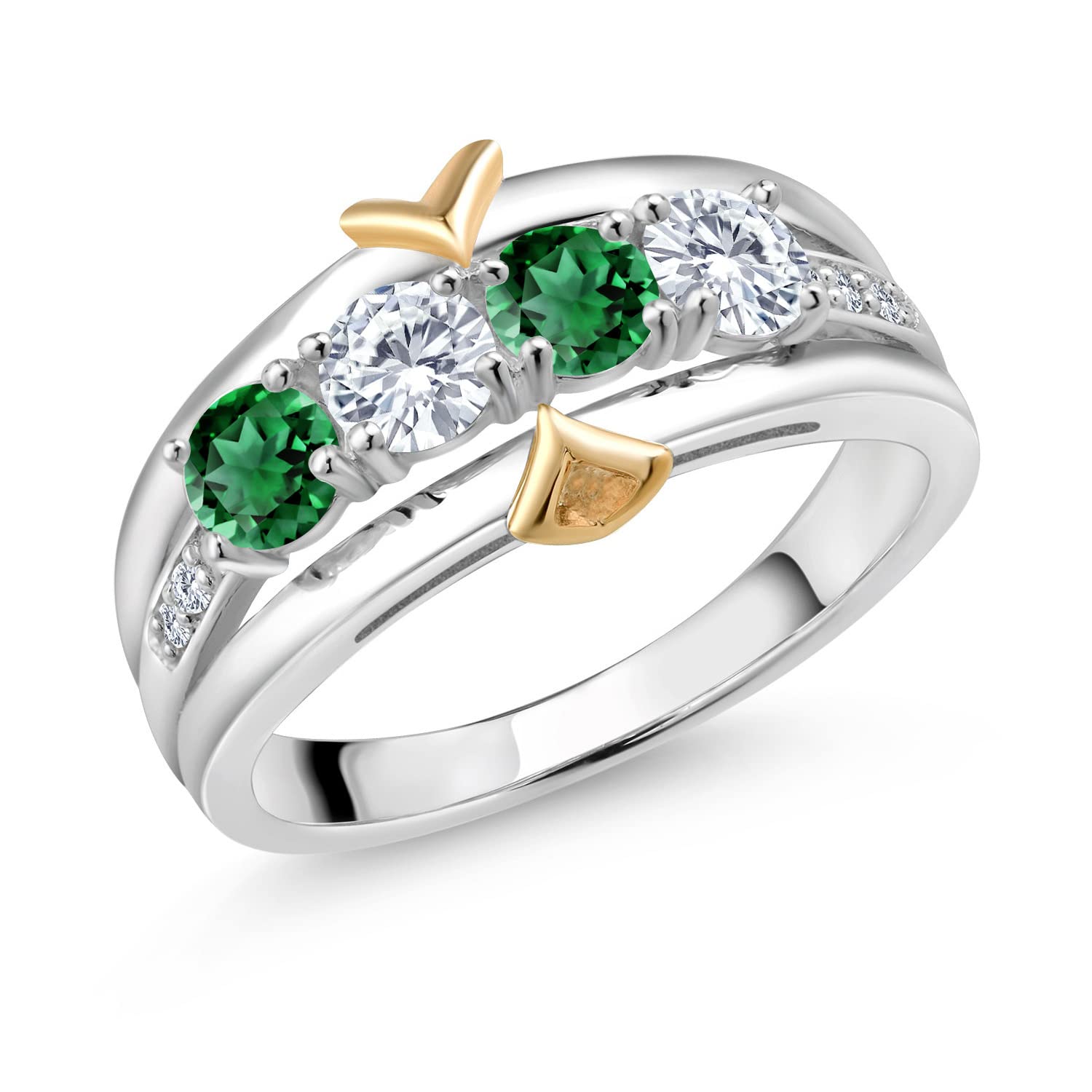 Gem Stone King 1.19 Ct Green Nano Emerald G-H Lab Grown Diamond 925 Silver and 10K Yellow Gold 4-Stone Band Ring (Size 6)