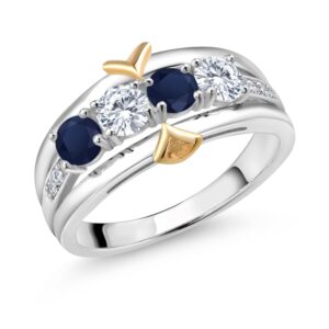 gem stone king 925 silver and 10k yellow gold blue sapphire white moissanite and lab grown diamond ring for women (1.21 cttw, available in size 5, 6, 7, 8, 9)