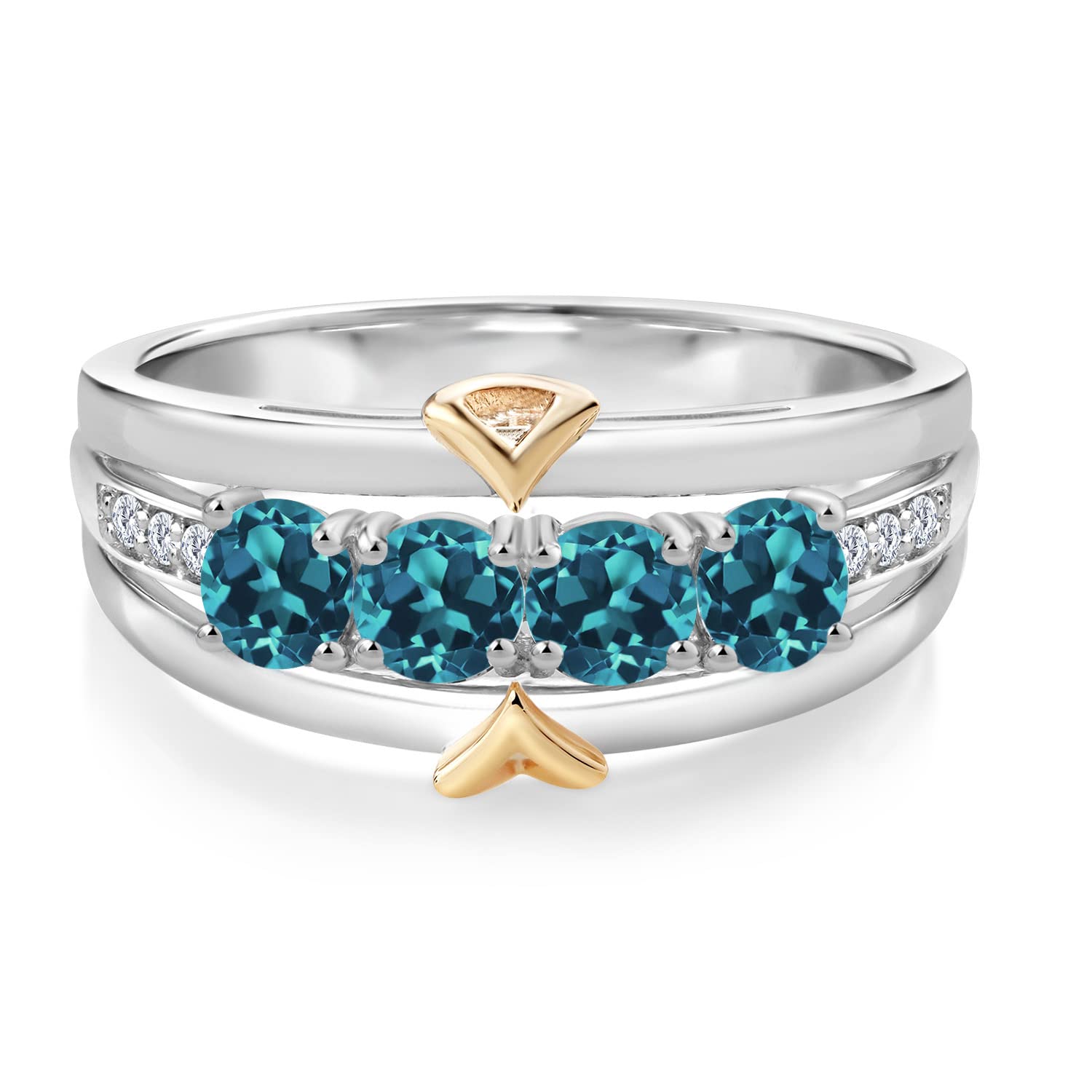 Gem Stone King 1.37 Ct Round London Blue Topaz 925 Silver and 10K Yellow Gold 4-Stone Lab Grown Diamond Band Ring (Size 9)