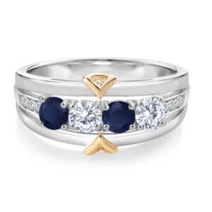 Gem Stone King 925 Silver and 10K Yellow Gold Blue Sapphire White Moissanite and Lab Grown Diamond Ring For Women (1.21 Cttw, Available In Size 5, 6, 7, 8, 9)