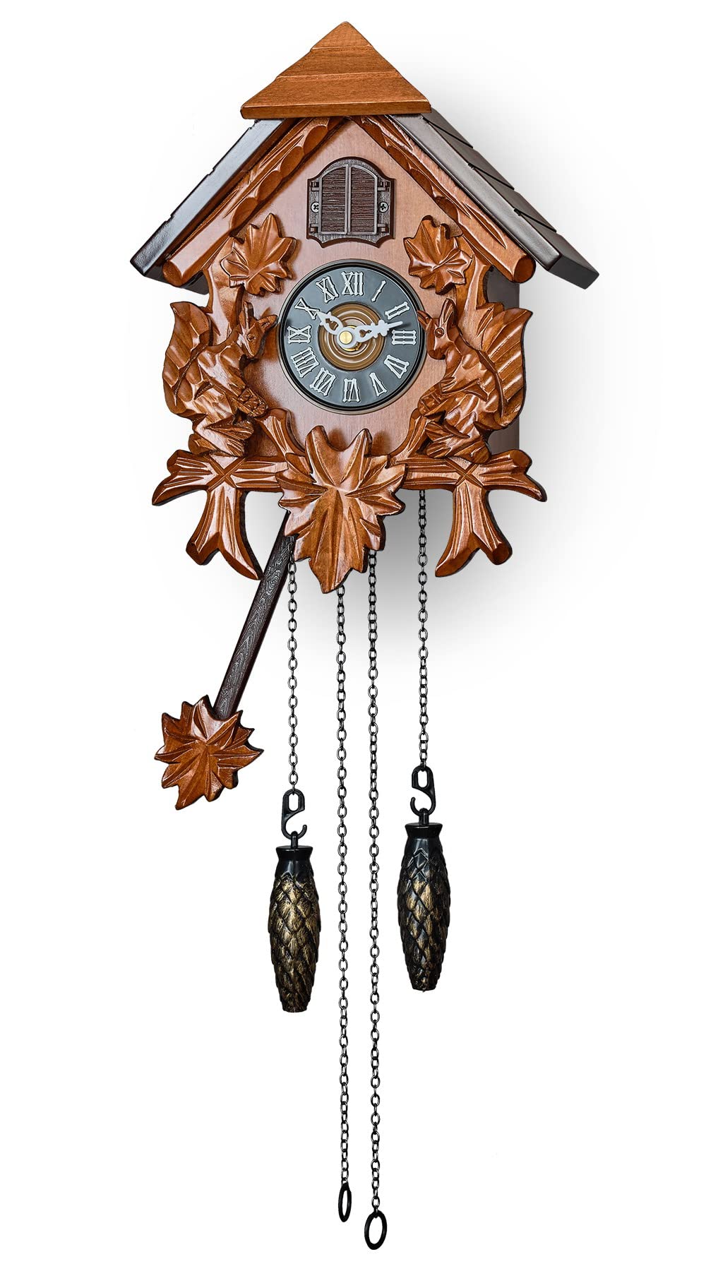 TIMEGEAR Cuckoo Wall Clock with Night Mode in Traditional German Style with Carved Squirrels (Cherry)