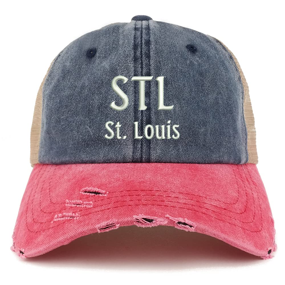 Trendy Apparel Shop STL St. Louis Embroidered Frayed Bill Trucker Mesh Back Cap - Navy Red