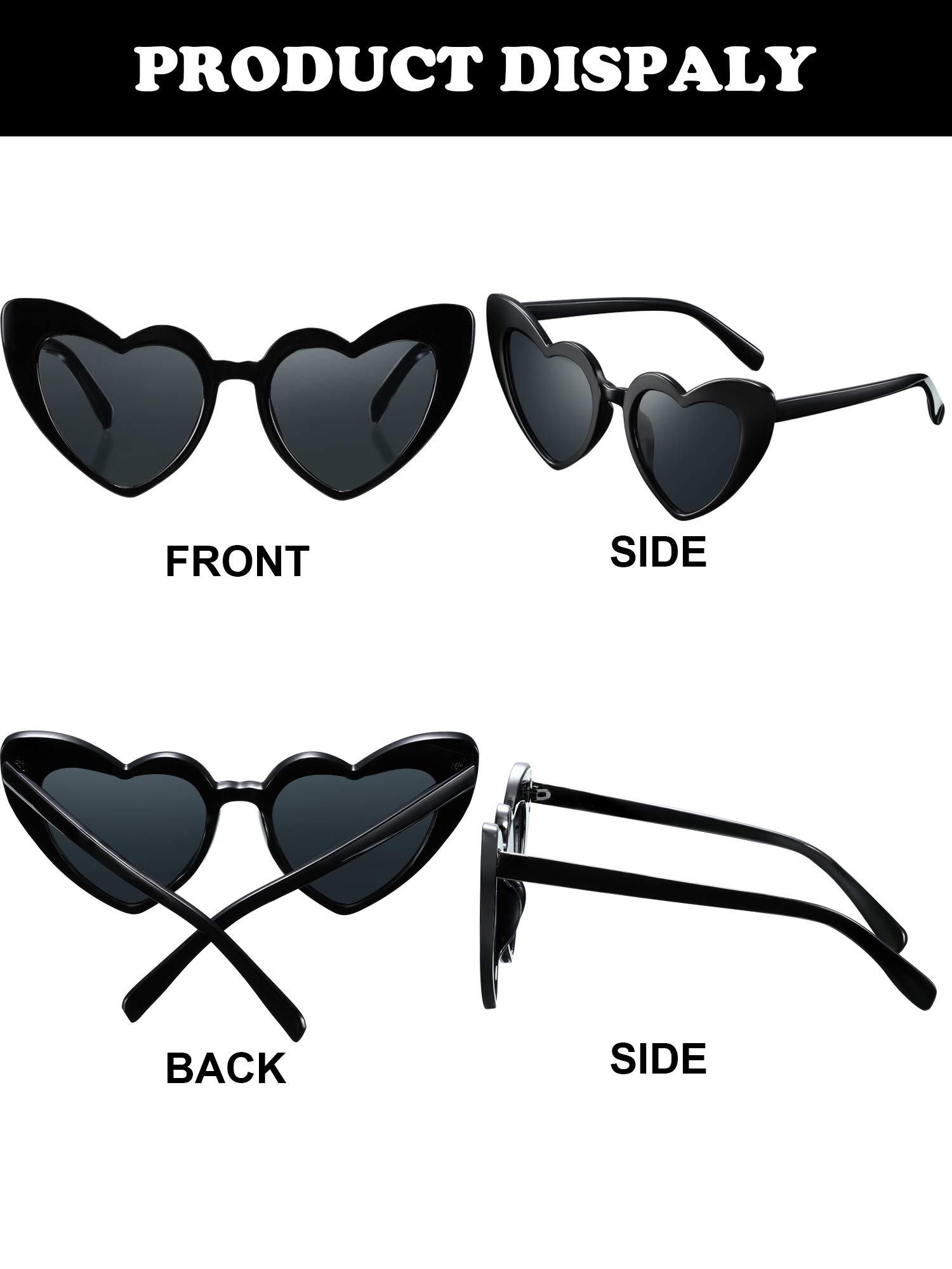 Frienda 6 Pairs Heart Shaped Sunglasses Cat Eye Sunglasses Vintage Heart Glasses for Wedding Costume Party (Black-Grey)