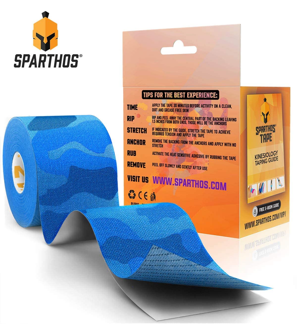 Sparthos Kinesiology Tape [Electric Blue Camo - 16.4ft Uncut Roll] x Ice Packs for Injuries [Size Medium + Cover]