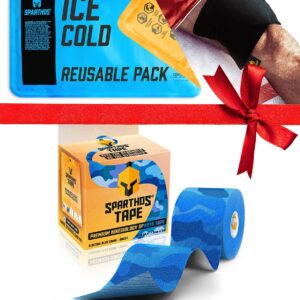 Sparthos Kinesiology Tape [Electric Blue Camo - 16.4ft Uncut Roll] x Ice Packs for Injuries [Size Medium + Cover]