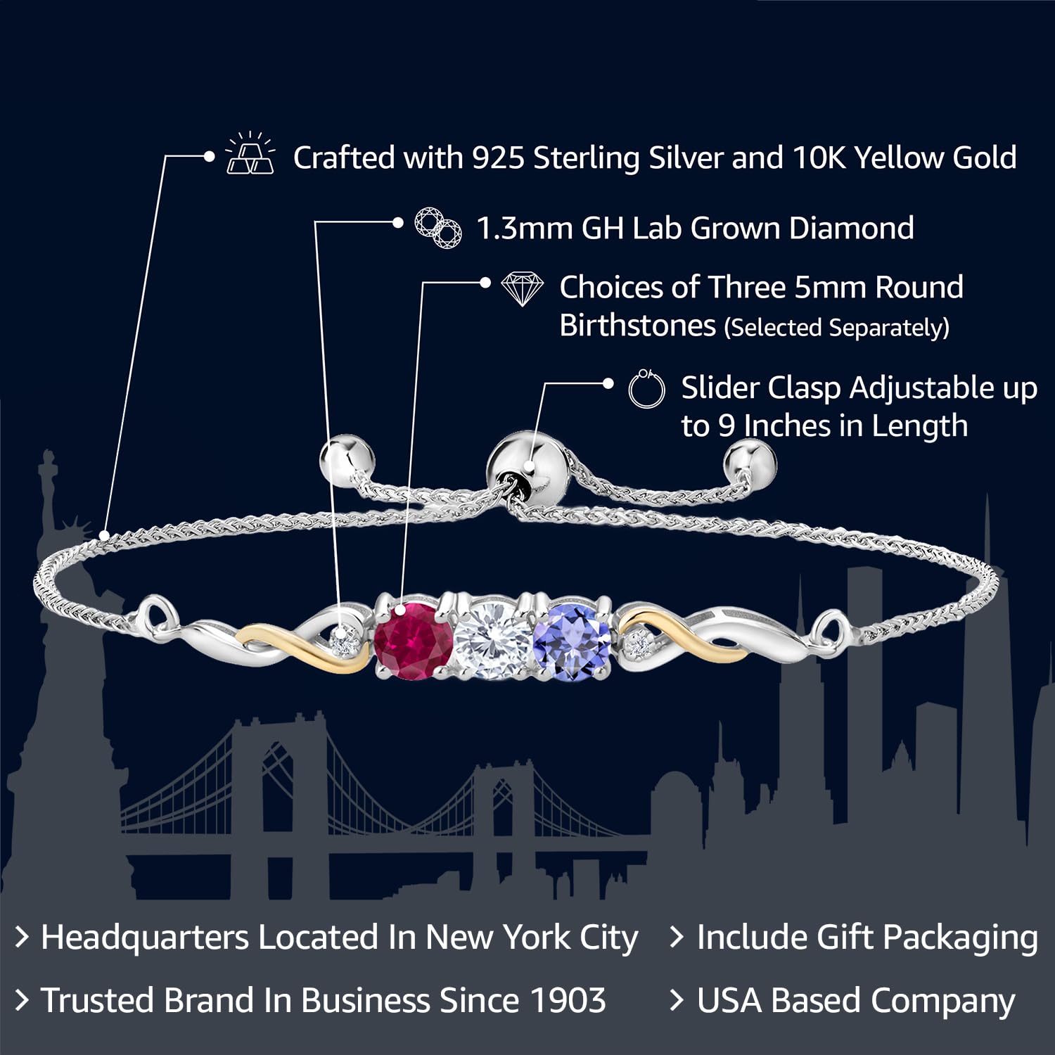 Gem Stone King 925 Sterling Silver and 10K Yellow Gold Customized and Personalized 3 Gemstone Birthstones and White Lab Grown Diamond Tennis Bracelet For Women Adjustable up to 9 Inches