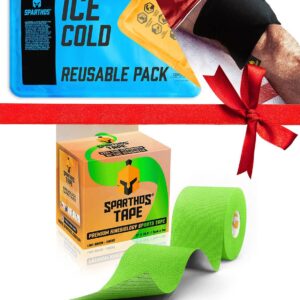 Sparthos Kinesiology Tape [Lime Green - 16.4ft Uncut Roll] x Ice Packs for Injuries [Size Medium + Cover]