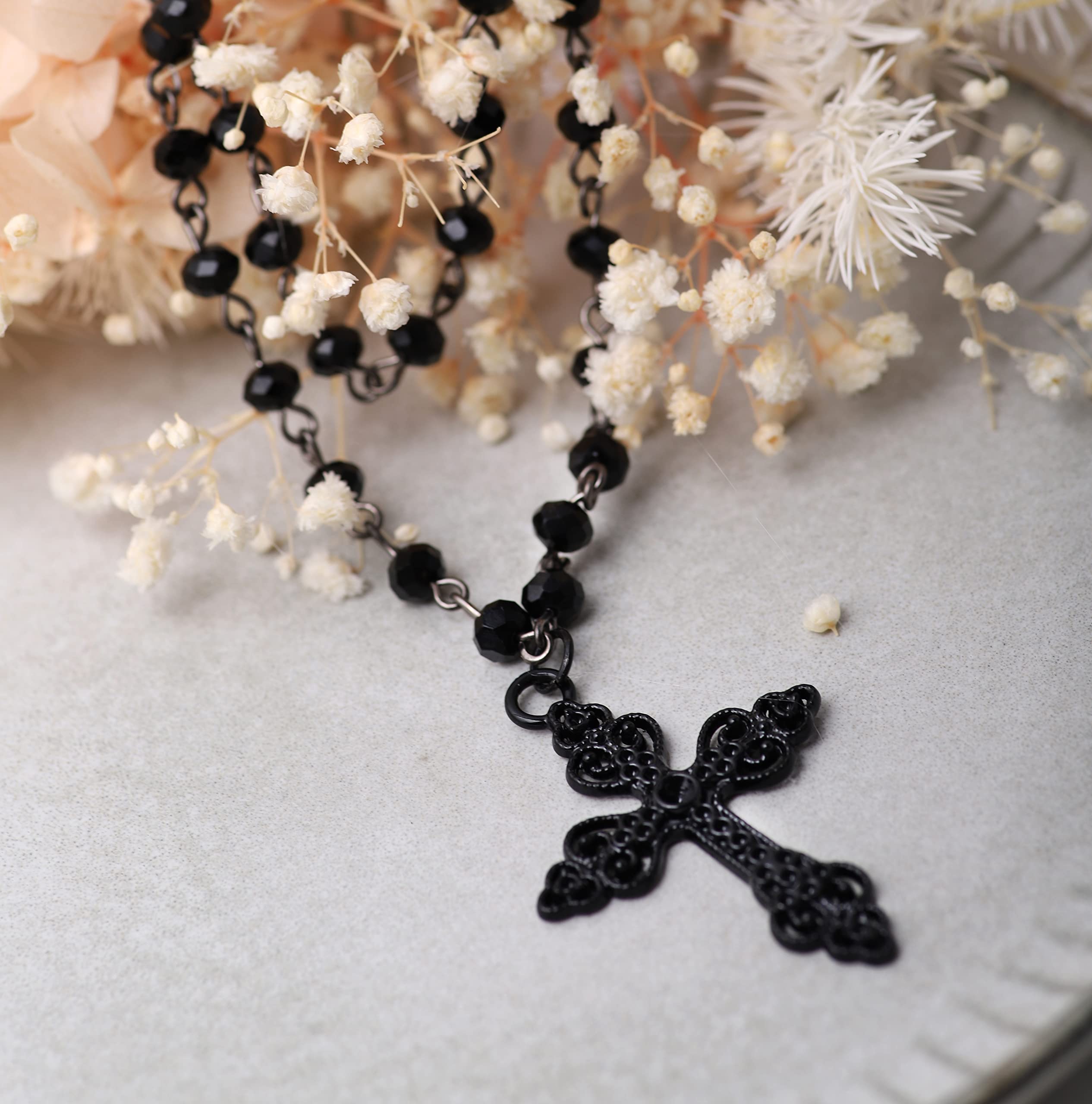 Sacina Gothic Layered Cross Necklace, Zinc Alloy Black Bead Cross Choker Necklace, Halloween Goth Jewelry Gift for Women (Layered Bead Cross)