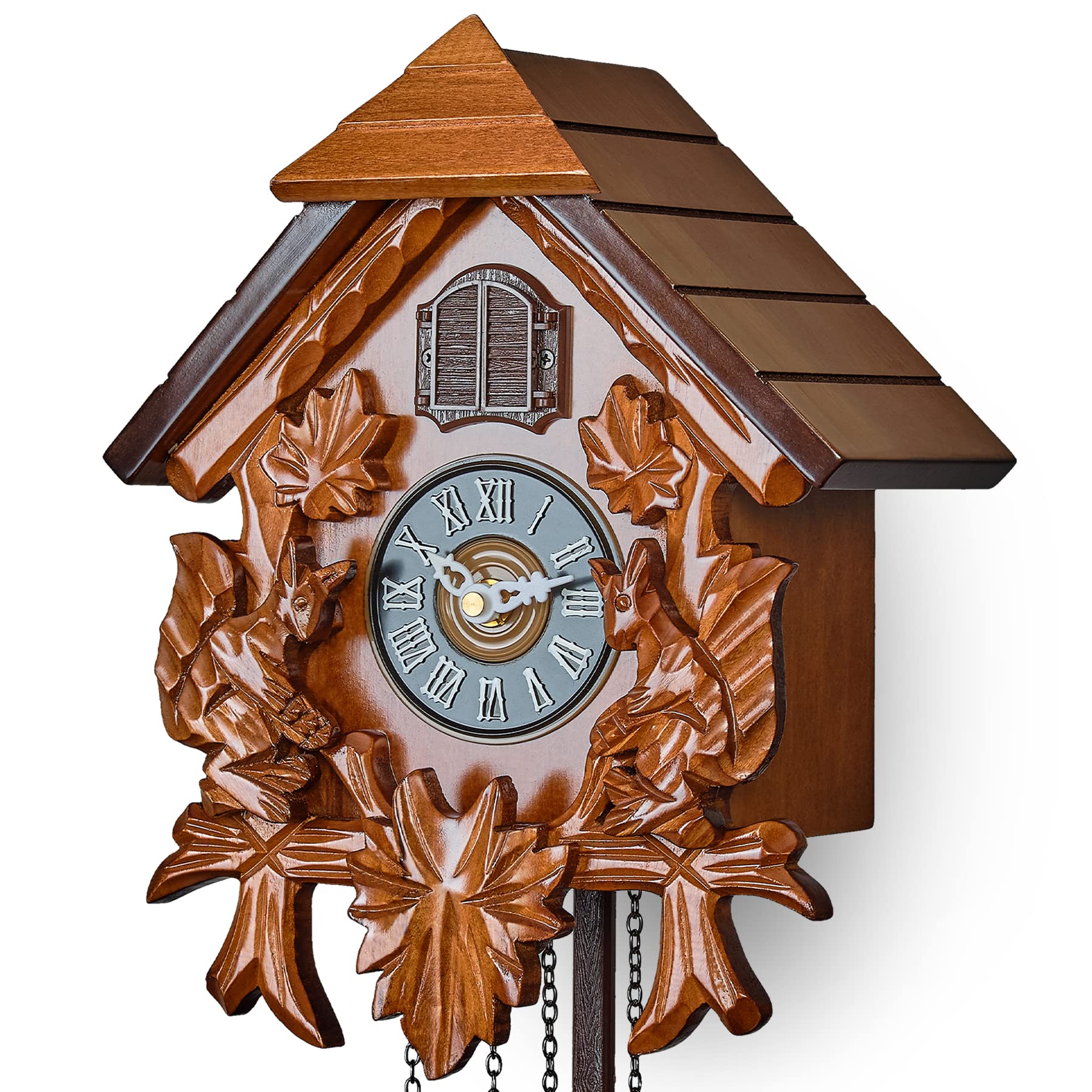 TIMEGEAR Cuckoo Wall Clock with Night Mode in Traditional German Style with Carved Squirrels (Cherry)