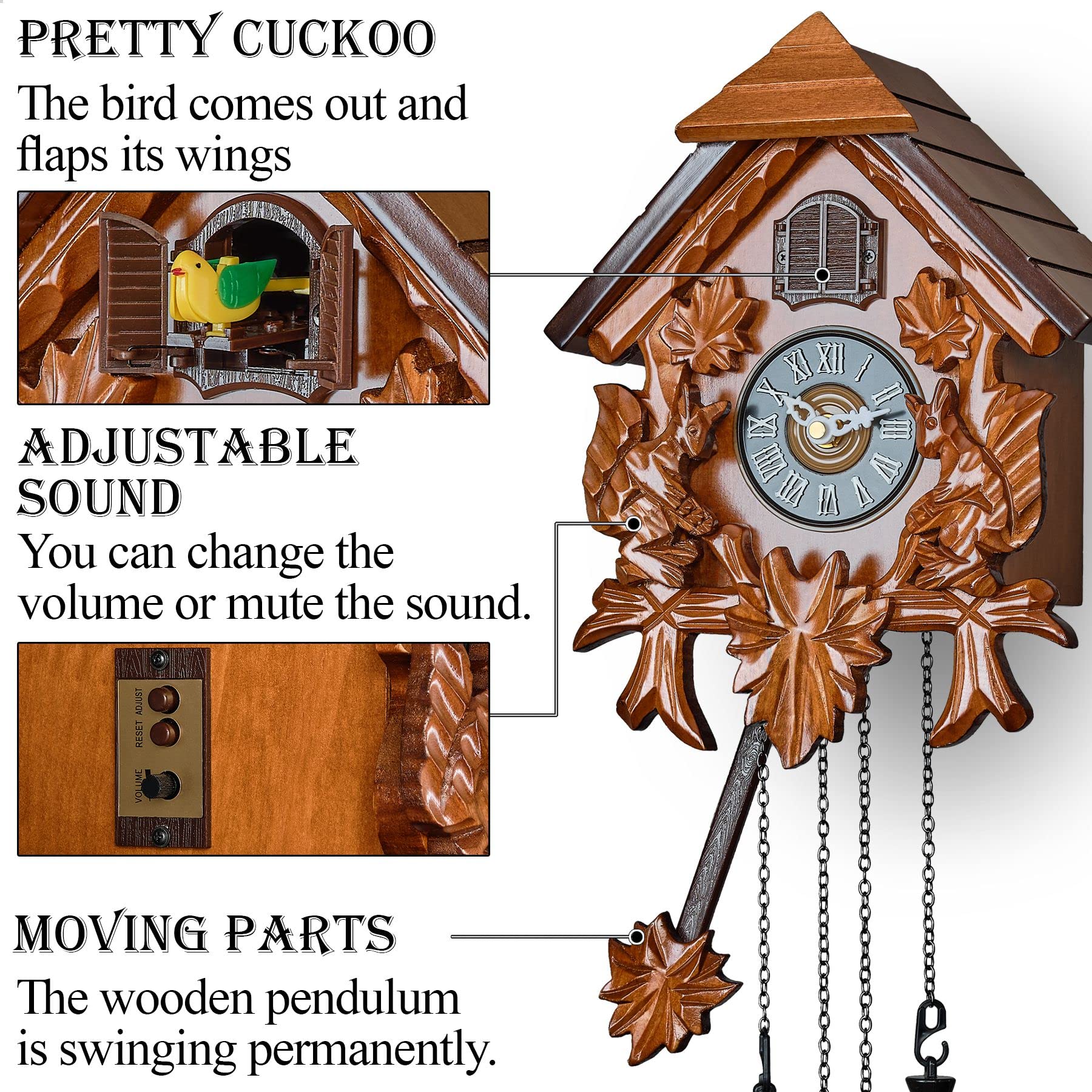 TIMEGEAR Cuckoo Wall Clock with Night Mode in Traditional German Style with Carved Squirrels (Cherry)