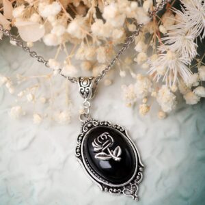 Sacina Gothic Celtic Rose Necklace, Stainless Steel Rose Pendant, Halloween Goth Celtic Jewelry Gift for Women (Black Victorian Rose)