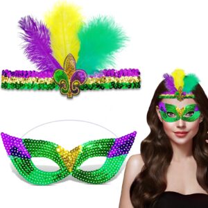 2PCS Mardi Gras Feathers Headband Purple Yellow Green Feather Headband Mardi Gras Sequin Mask Carnival Headband for New Orleans 1920s Carnival Parade Tea Party Halloween Fleur De Lis Hair Band