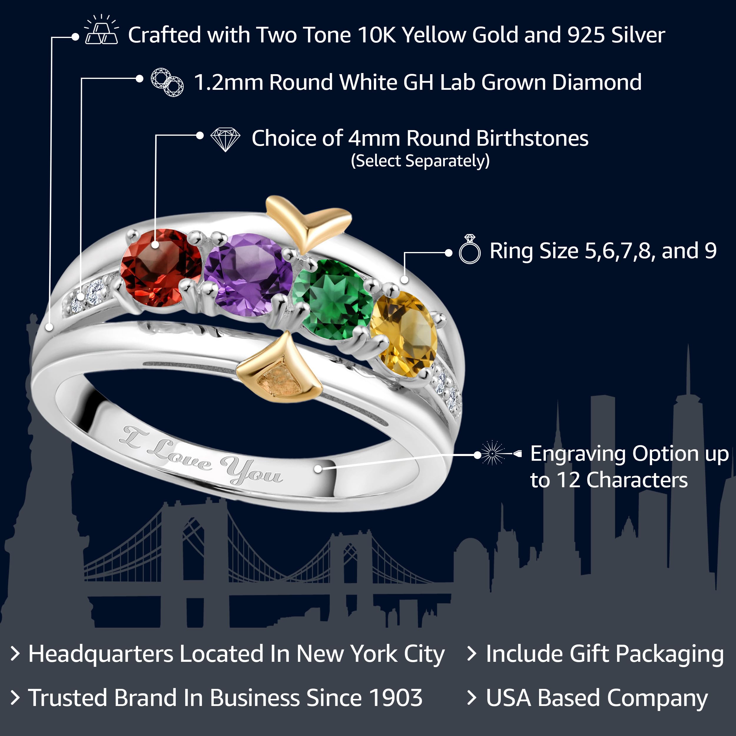 Gem Stone King 925 Sterling Silver and 10K Yellow Gold Engraving Customized and Personalized Build Your Own 4-Stone 4MM Round Birthstones and White G-H Lab Grown Diamond Band Ring For Women (Size 8)