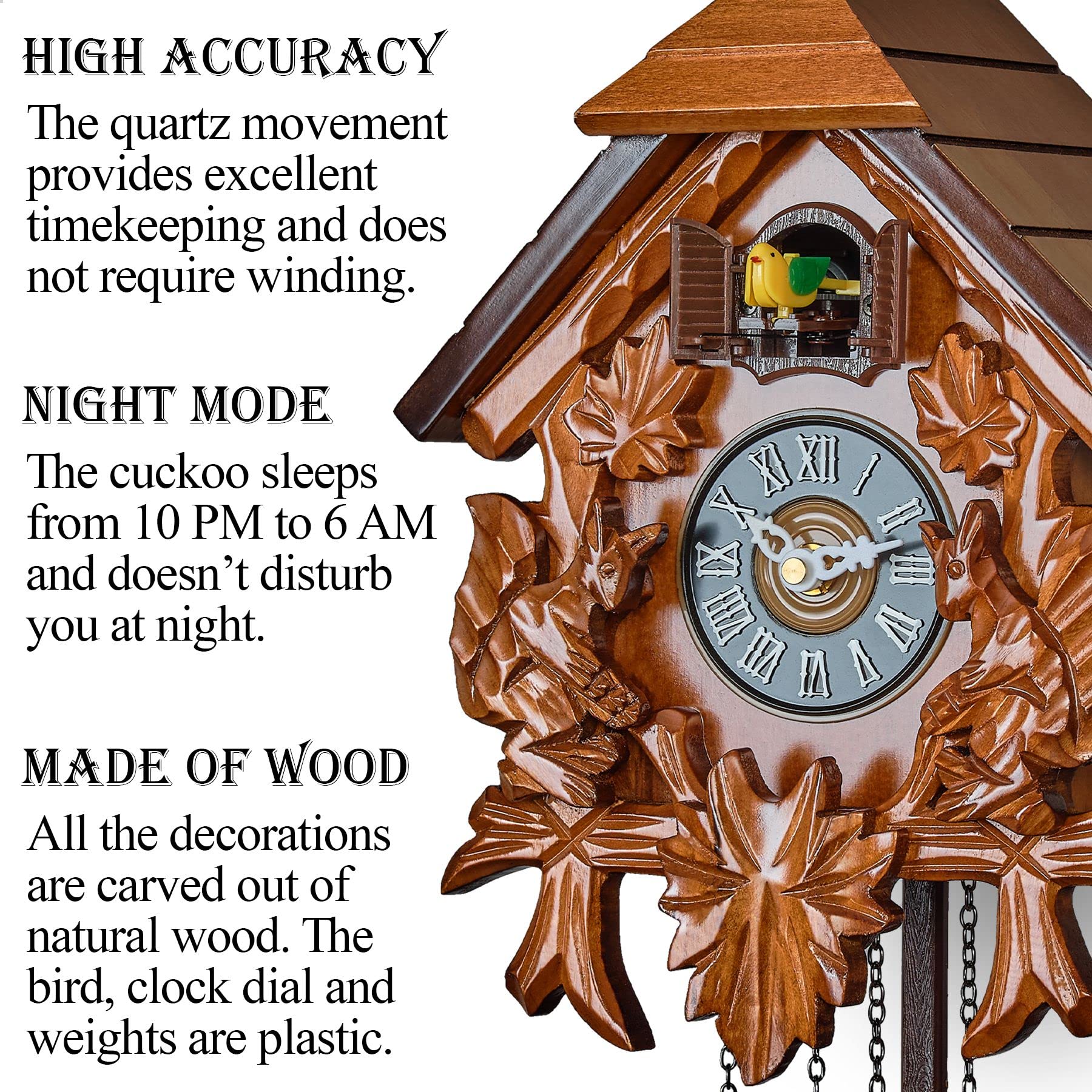 TIMEGEAR Cuckoo Wall Clock with Night Mode in Traditional German Style with Carved Squirrels (Cherry)