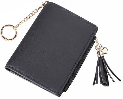 Gostwo Wallet Women, Bifold Leather Small Wallets Woman, Slim RFID Credit Card Wallet with ID Window and Zippered Coin Pocket, Cute Small Wallet with Tassel for Girls Teens Ladies, Black