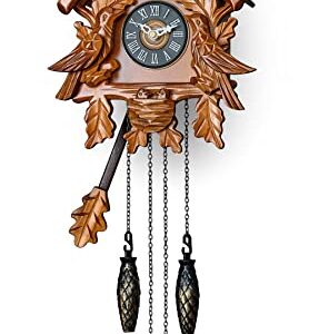 TIMEGEAR Cuckoo Clock with Night Mode, Singing Bird, Wooden Decorations and Swinging Pendulum (Brown)