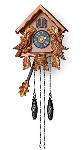 TIMEGEAR Cuckoo Clock with Night Mode, Singing Bird, Wooden Decorations and Swinging Pendulum (Brown)