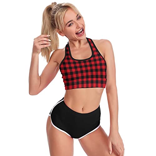 CBBYY Women's Sports Bras Red Plaid Padded Yoga Bras Longline Racerback Sports Bras Crop Tank Tops for Workout Fitness