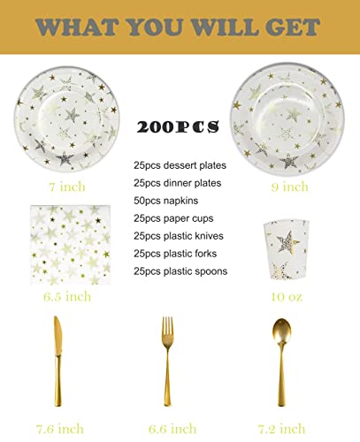 CONRADY 200 PCS Gold Star Disposable Party Dinnerware Set,25pcs Paper Plates, Dessert Plates, Paper Cups,Plastic Cutlery Set(Knives,Forks,Spoons) and 50pcs Napkins for Party Serves 25(Gold)