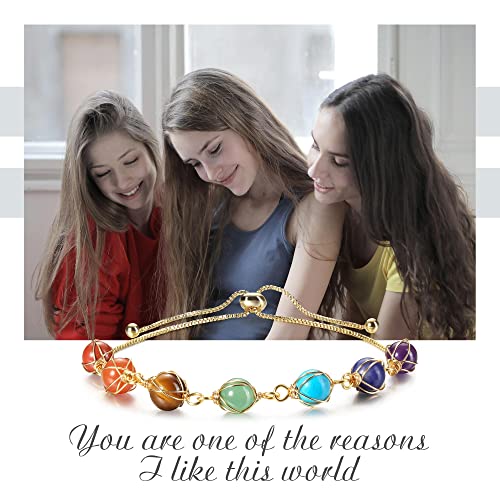 PESOENTH 7 Chakra Bracelets Reiki Healing Crystal Bracelet Women Natural Gemstone Beads Anxiety Spiritual Medititaion Yoga Good Luck 14K Gold Bracelets for Mom Christmas Birthday Jewelry Gifts