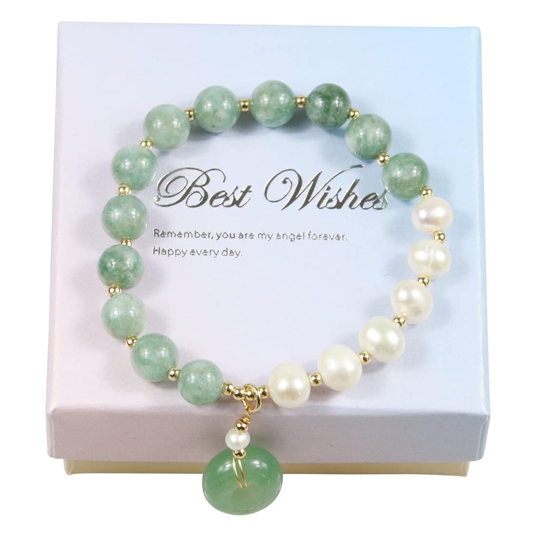 BigBigMe Burmese Jade Pearl Bracelet, Gemstone Charm Elastic Beaded Bracelet, Elastic Bracelet, Bracelet for Women