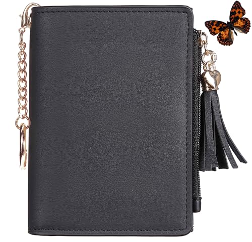 Gostwo Wallet Women, Bifold Leather Small Wallets Woman, Slim RFID Credit Card Wallet with ID Window and Zippered Coin Pocket, Cute Small Wallet with Tassel for Girls Teens Ladies, Black