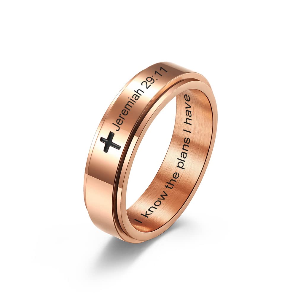 MZZJ I know the plans I have for you. Christian Quote Inspirational Ring 6MM Stainless Steel Step Edges Bible Verse Spinner Stress Relieving Anxiety Wedding Ring Band,Rose Gold Plated,Size 6