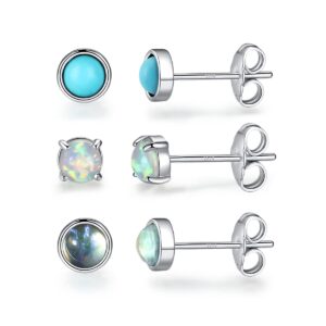 Tsnamer 4mm Hypoallergenic 925 Sterling Silver Post Stud Earrings for Womens Second Hole Earrings for Women Opal Turquoise Moonstone Stud Earrings Jewelry Earrings for Sensitive Ears(3 Pair/set)