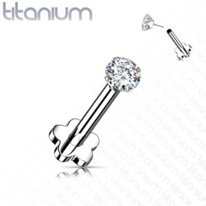 Dynamique Implant Grade Titanium Threadless Push In Flower Base Labret, Flat Back Studs With CZ Prong Set Top For Cartilage, Monroe, Nose (Sold Per Piece)