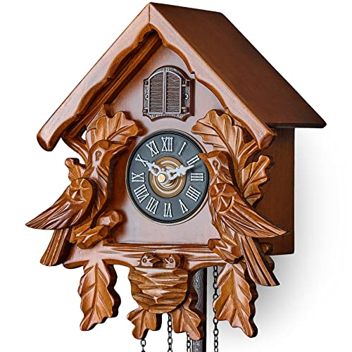 TIMEGEAR Cuckoo Clock with Night Mode, Singing Bird, Wooden Decorations and Swinging Pendulum (Brown)