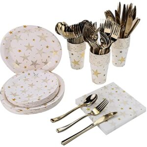 CONRADY 200 PCS Gold Star Disposable Party Dinnerware Set,25pcs Paper Plates, Dessert Plates, Paper Cups,Plastic Cutlery Set(Knives,Forks,Spoons) and 50pcs Napkins for Party Serves 25(Gold)