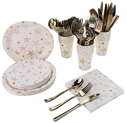 CONRADY 200 PCS Gold Star Disposable Party Dinnerware Set,25pcs Paper Plates, Dessert Plates, Paper Cups,Plastic Cutlery Set(Knives,Forks,Spoons) and 50pcs Napkins for Party Serves 25(Gold)