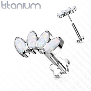 Dynamique Implant Grade Titanium Threadless Push In Flower Base Labret, Flat Back Studs With 4-Marquise Opal Set Peatal Top For Cartilage, Monroe (Sold Per Piece)