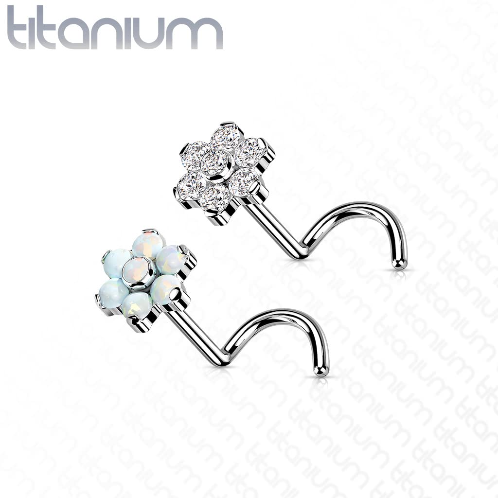 Dynamique Implant Grade Titanium Threadless Push In Nose Screw Rings With CZ Or Opal Set Flower Top (Sold Per Piece)